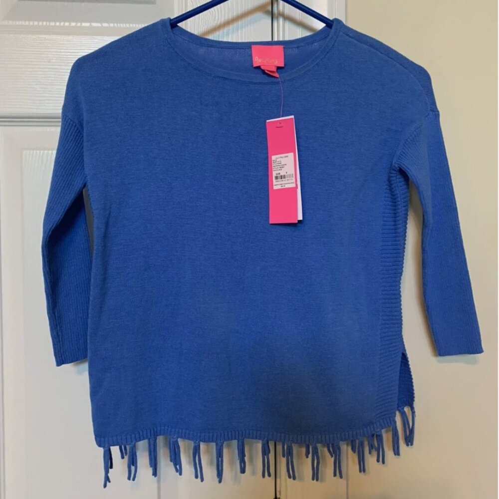 NWT $68 Lilly Pulitzer GIRL sz Small 4/5 MINI RAMONA SWEATER Coastal Blue Fringe